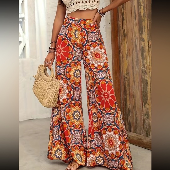 Boho floral mandala print wide leg palazzo pants